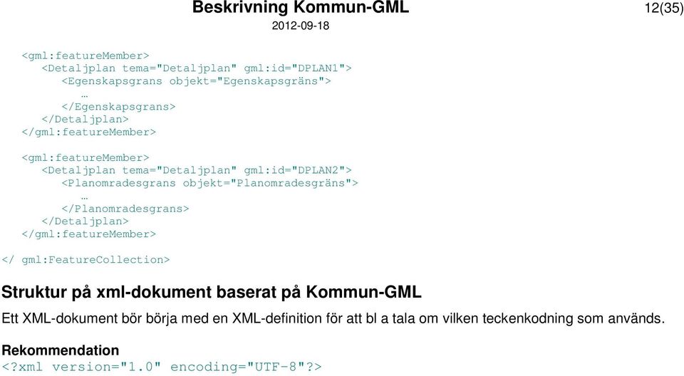 objekt="planomradesgräns"> </Planomradesgrans> </Detaljplan> </gml:featuremember> </ gml:featurecollection> Struktur på xml-dokument baserat på