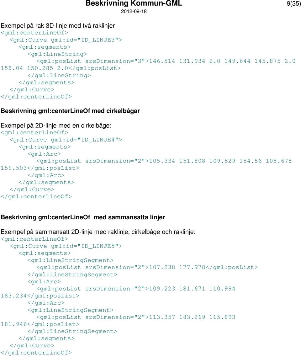 0</gml:posList> </gml:linestring> </gml:segments> </gml:curve> </gml:centerlineof> Beskrivning gml:centerlineof med cirkelbågar Exempel på 2D-linje med en cirkelbåge: <gml:centerlineof> <gml:curve