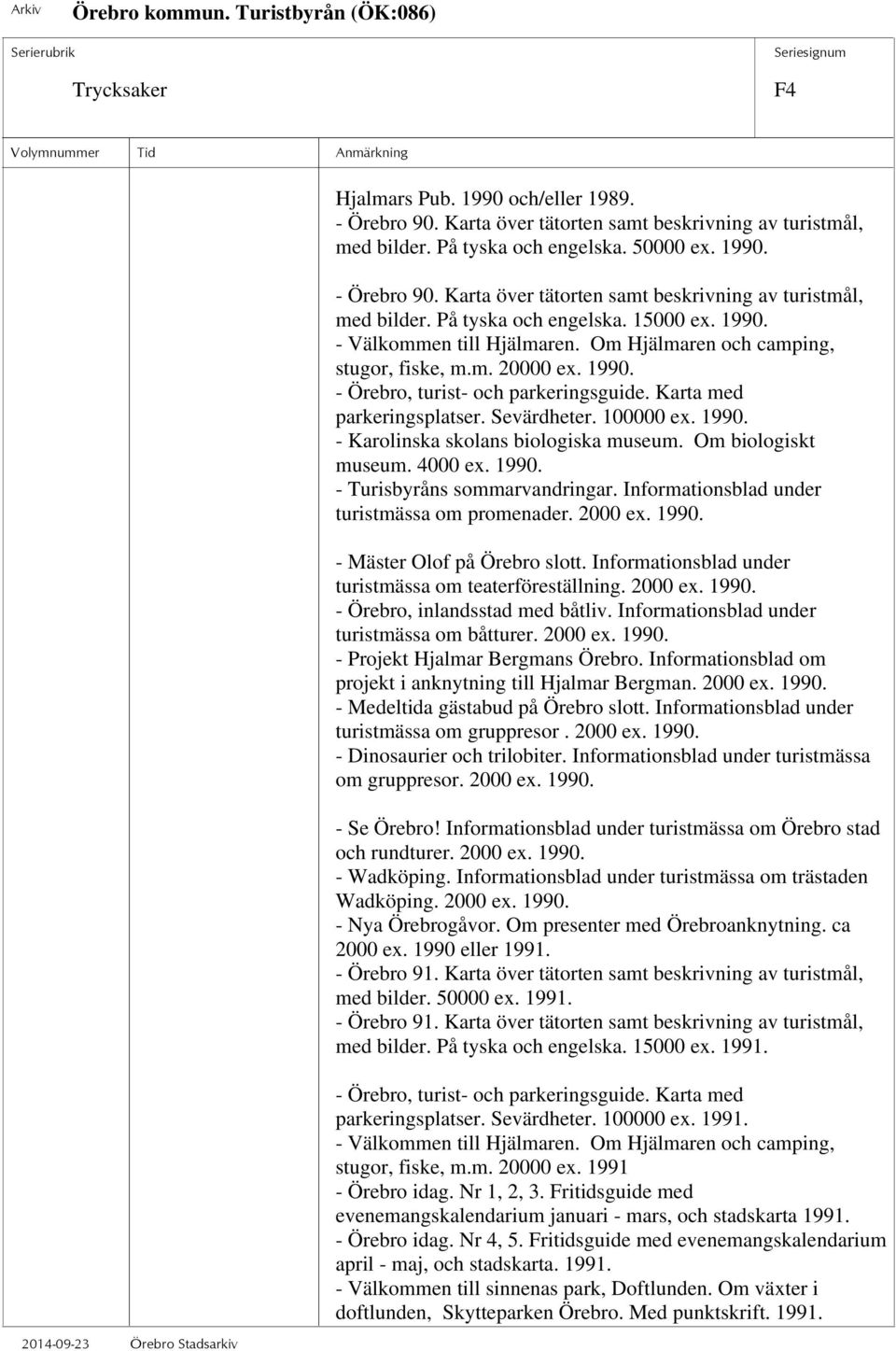 Om biologiskt museum. 4000 ex. 1990. - Turisbyråns sommarvandringar. Informationsblad under turistmässa om promenader. 2000 ex. 1990. - Mäster Olof på Örebro slott.