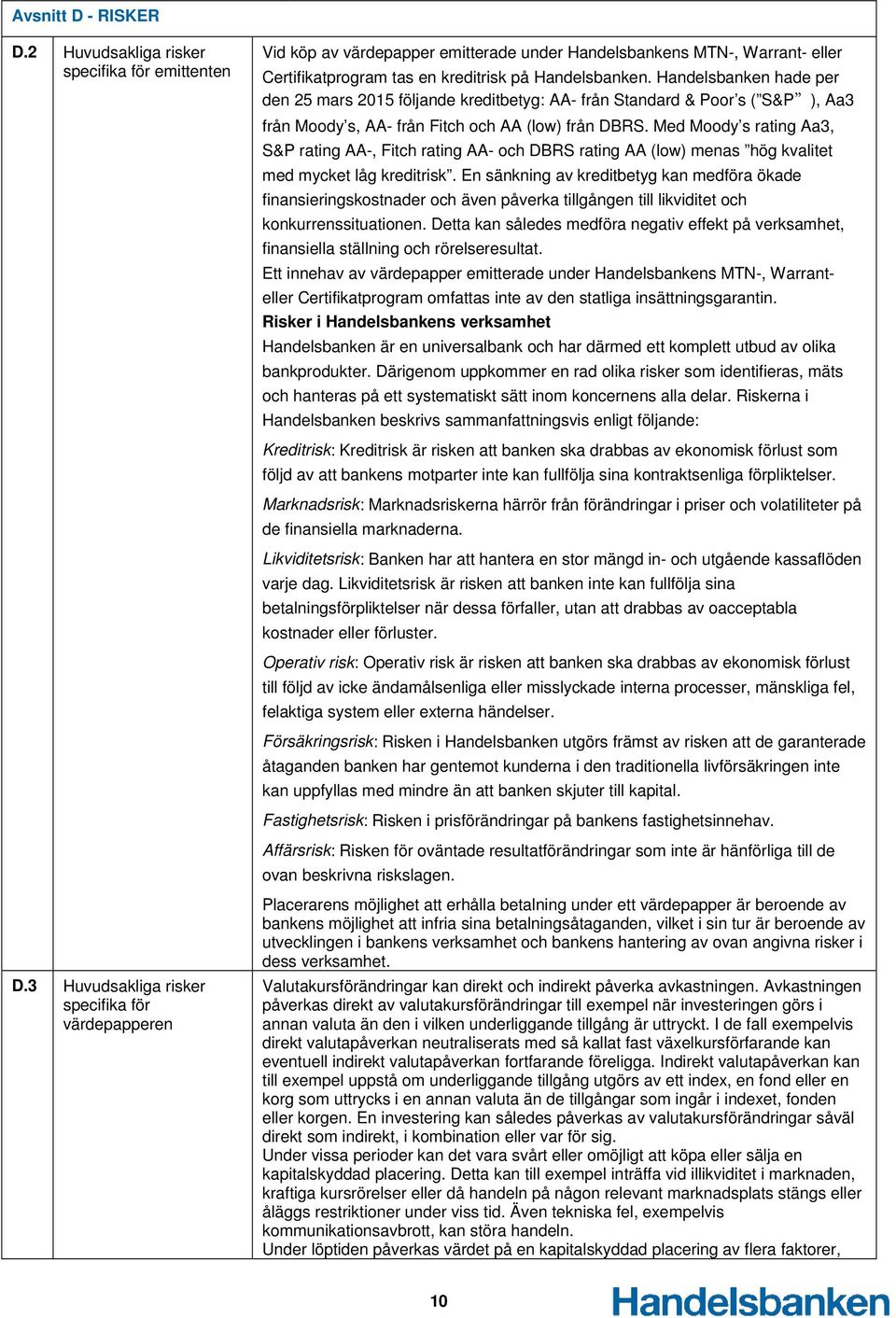 Handelsbanken hade per den 25 mars 2015 följande kreditbetyg: AA- från Standard & Poor s ( S&P ), Aa3 från Moody s, AA- från Fitch och AA (low) från DBRS.