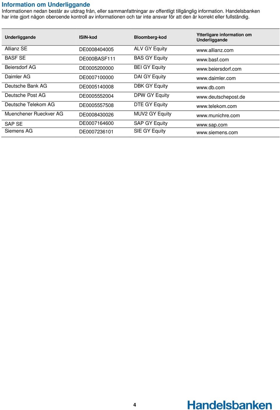 Underliggande Allianz SE BASF SE Beiersdorf AG Daimler AG Deutsche Bank AG Deutsche Post AG Deutsche Telekom AG Muenchener Rueckver AG SAP SE Siemens AG ISIN-kod Bloomberg-kod Ytterligare information