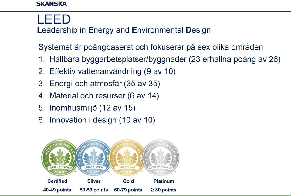 Effektiv vattenanvändning (9 av 10) 3. Energi och atmosfär (35 av 35) 4. Material och resurser (6 av 14) 5.