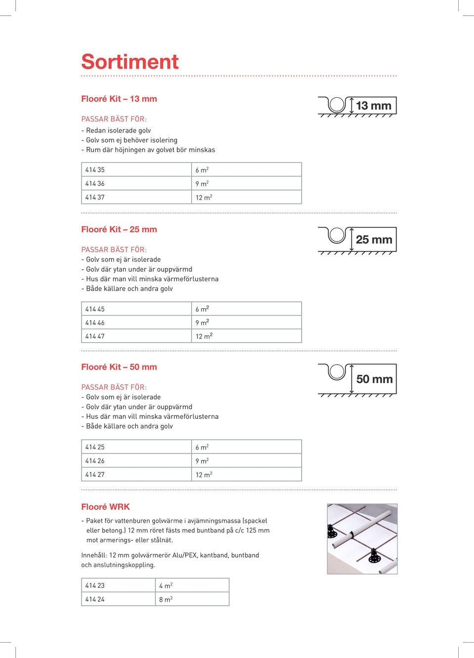 Kit 50 mm Passar bäst för: - Golv som ej är isolerade - Golv där ytan under är ouppvärmd - Hus där man vill minska värmeförlusterna - Både källare och andra golv 414 25 6 m 2 414 26 9 m 2 414 27 12 m