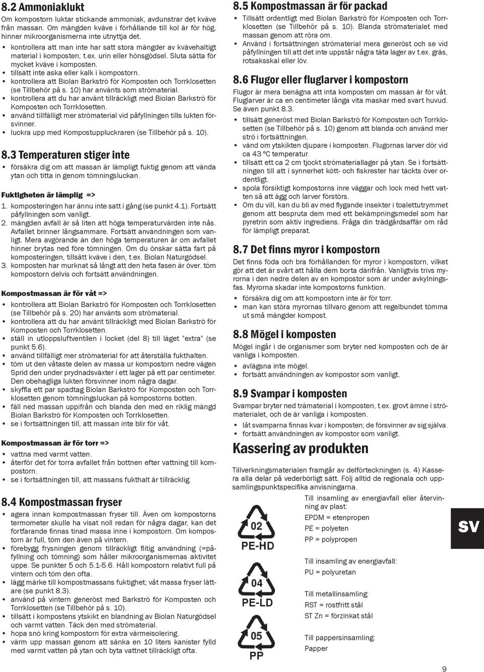 kontrollera att Biolan Barkströ för Komposten och Torrklosetten (se Tillbehör på s. 10) har använts som strömaterial.