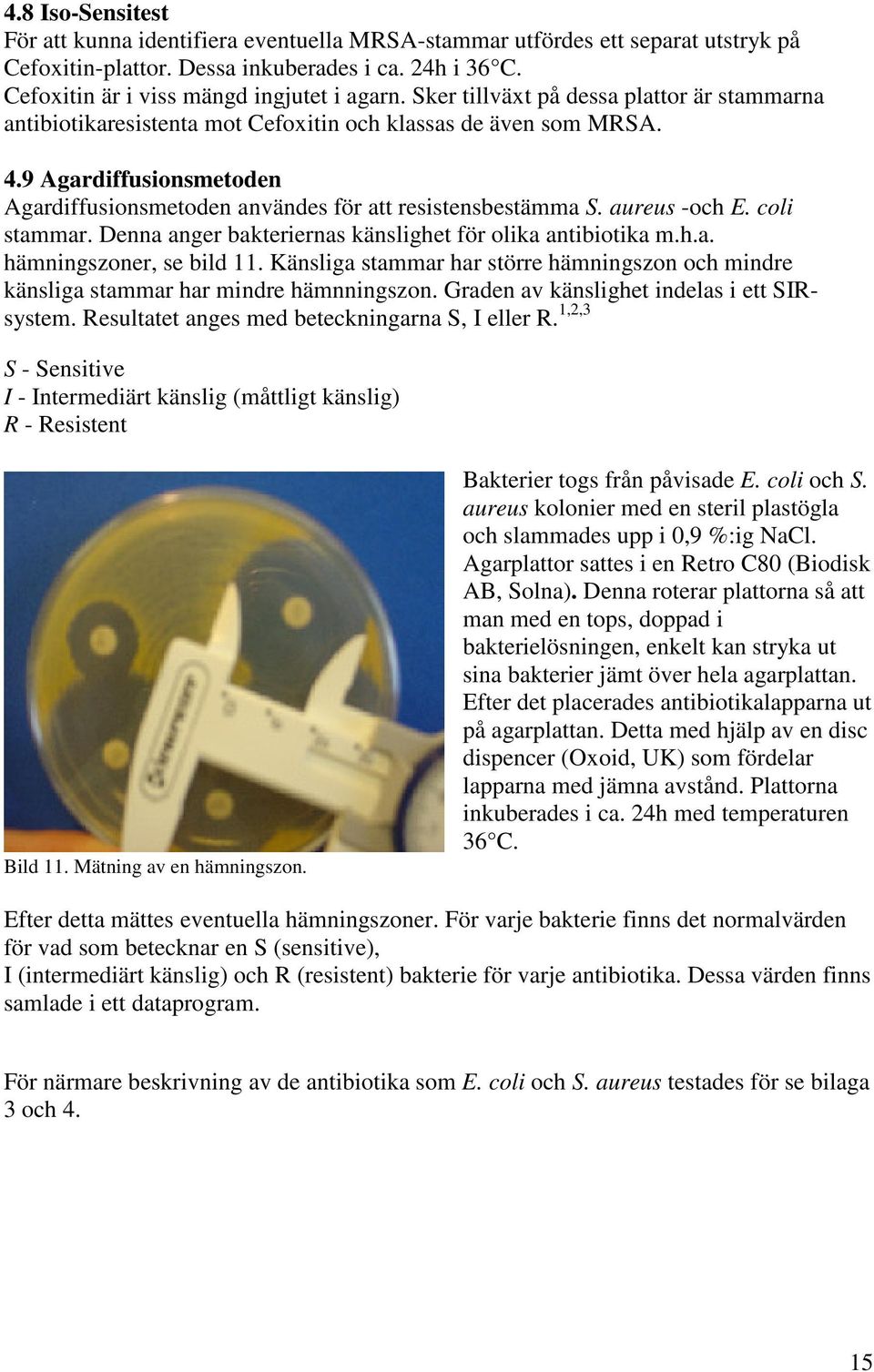 aureus -och E. coli stammar. Denna anger bakteriernas känslighet för olika antibiotika m.h.a. hämningszoner, se bild 11.