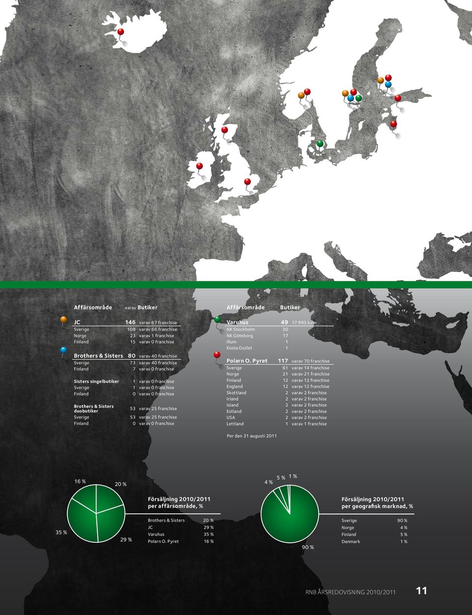 franchise Sverige 53 varav 25 franchise Finland 0 varav 0 franchise Varuhus 49 17 995 kvm NK Stockholm 30 NK Göteborg 17 Illum 1 Kosta Outlet 1 Polarn O.