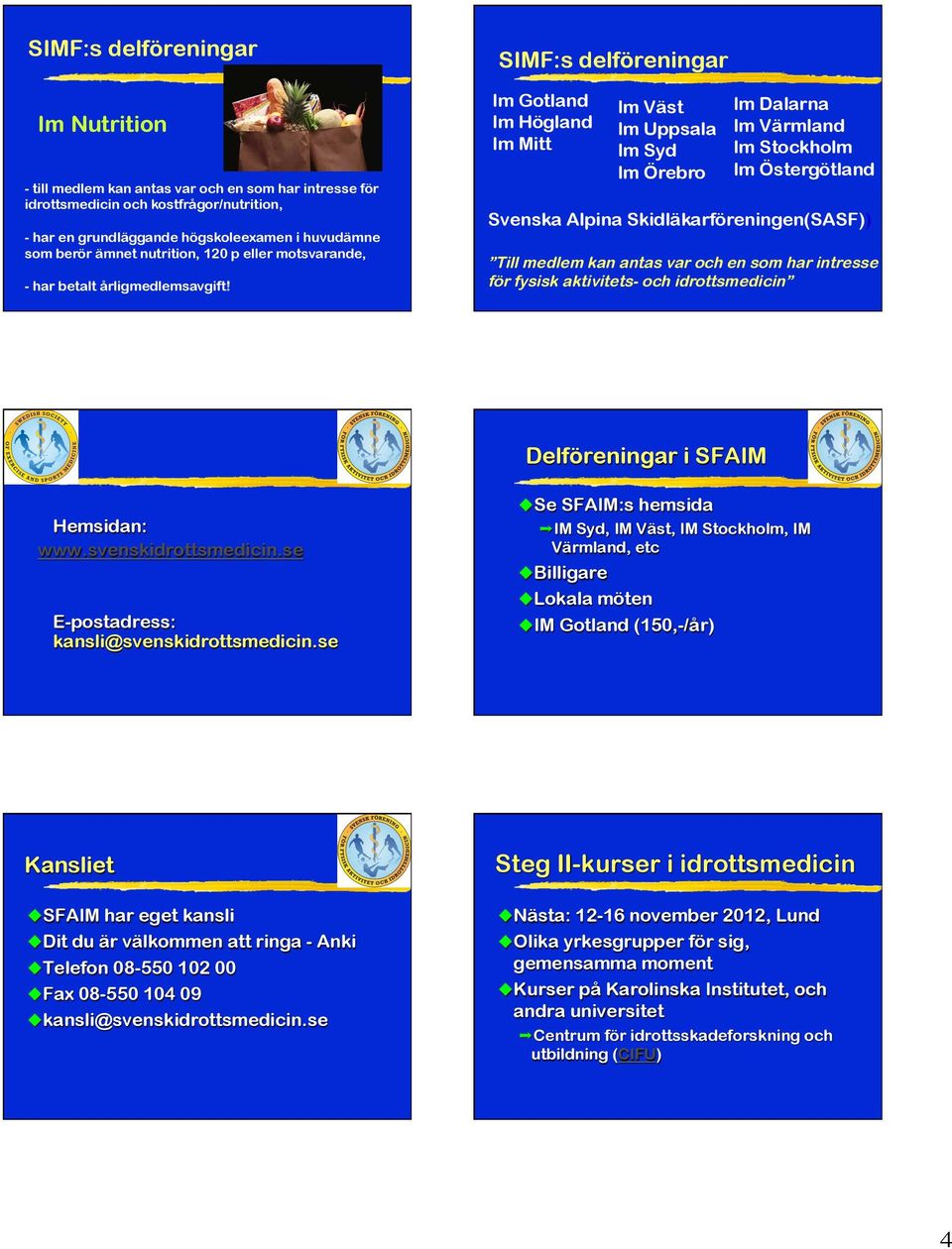 SIMF:s delföreningar Im Gotland Im Högland Im Mitt Im Väst Im Uppsala Im Syd Im Örebro Im Dalarna Im Värmland Im Stockholm Im Östergötland Svenska Alpina Skidläkarföreningen(SASF)) Till medlem kan
