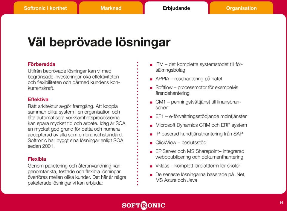 Idag är SOA en mycket god grund för detta och numera accepterad av alla som en branschstandard. Softronic har byggt sina lösningar enligt SOA sedan 2001.