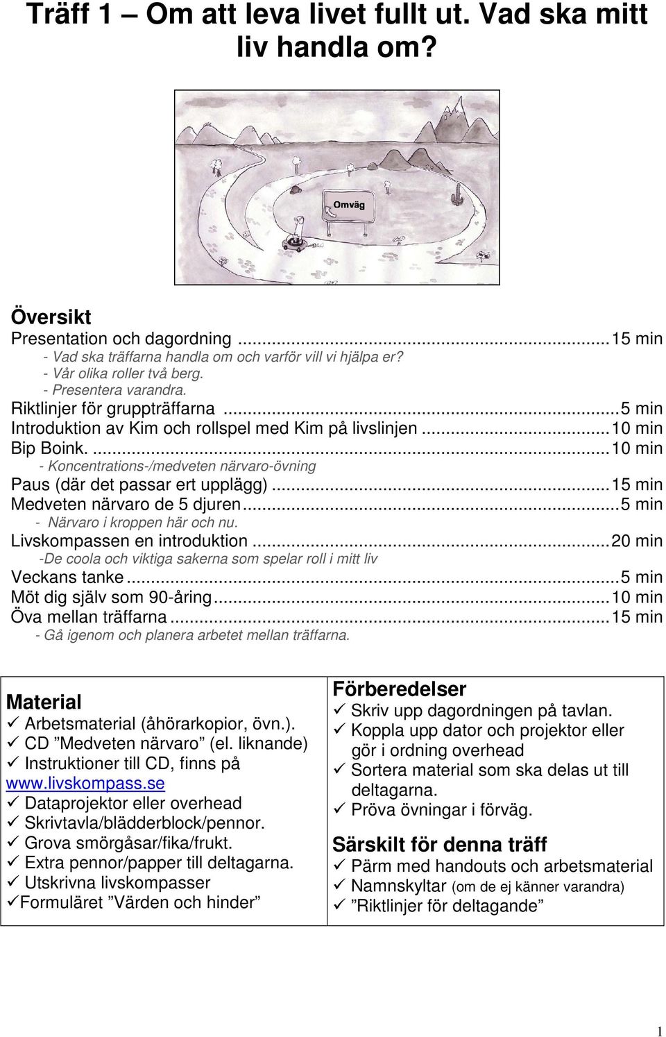 ...10 min - Koncentrations-/medveten närvaro-övning Paus (där det passar ert upplägg)...15 min Medveten närvaro de 5 djuren...5 min - Närvaro i kroppen här och nu. Livskompassen en introduktion.