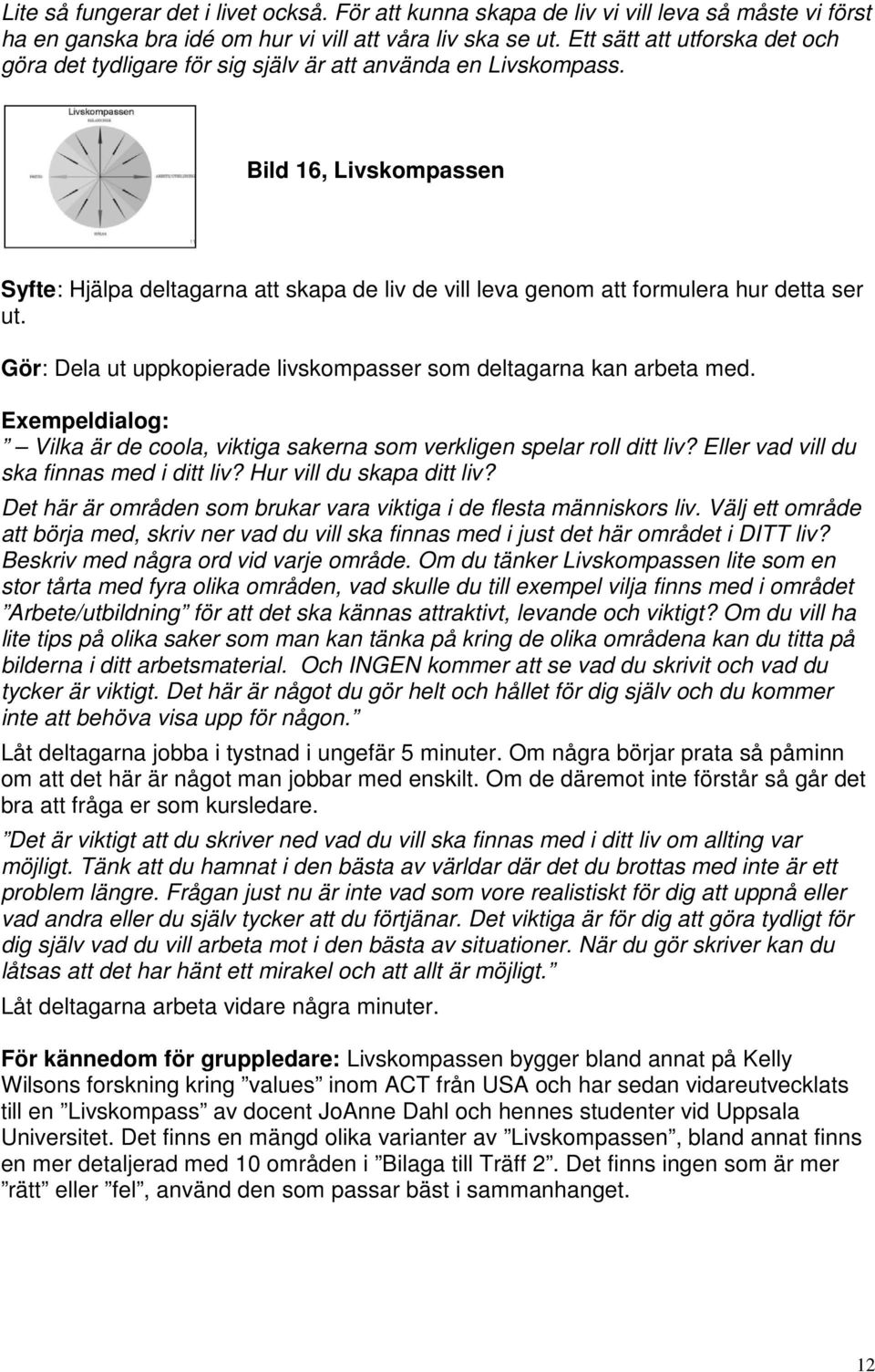 Bild 16, Livskompassen Syfte: Hjälpa deltagarna att skapa de liv de vill leva genom att formulera hur detta ser ut. Gör: Dela ut uppkopierade livskompasser som deltagarna kan arbeta med.