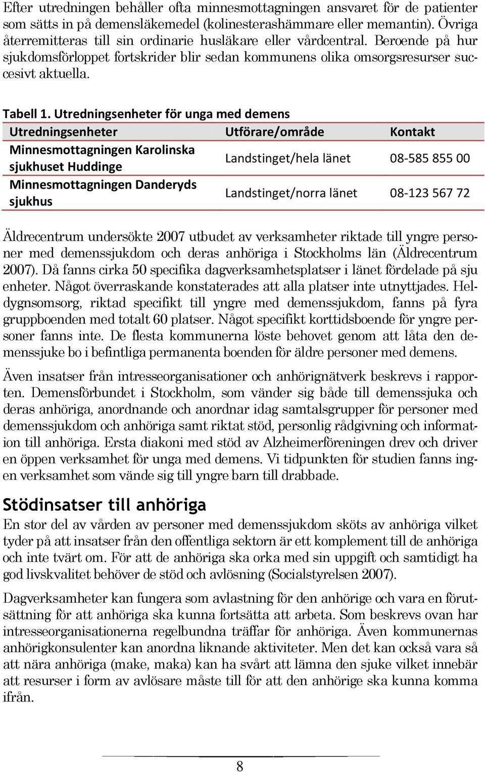 Utredningsenheter för unga med demens Utredningsenheter Utförare/område Kontakt Minnesmottagningen Karolinska sjukhuset Huddinge Landstinget/hela länet 08-585 855 00 Minnesmottagningen Danderyds