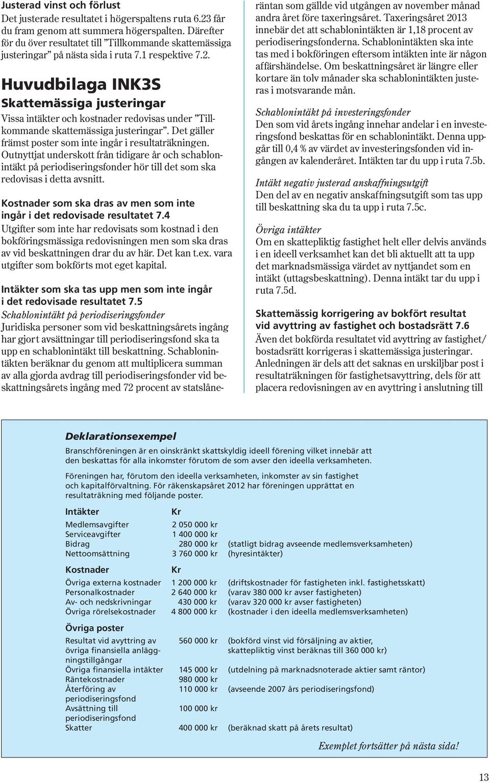 Huvudbilaga INK3S Skattemässiga justeringar Vissa intäkter och kostnader redovisas under Till kom mande skattemässiga justeringar. Det gäller främst poster som inte ingår i resultaträkningen.