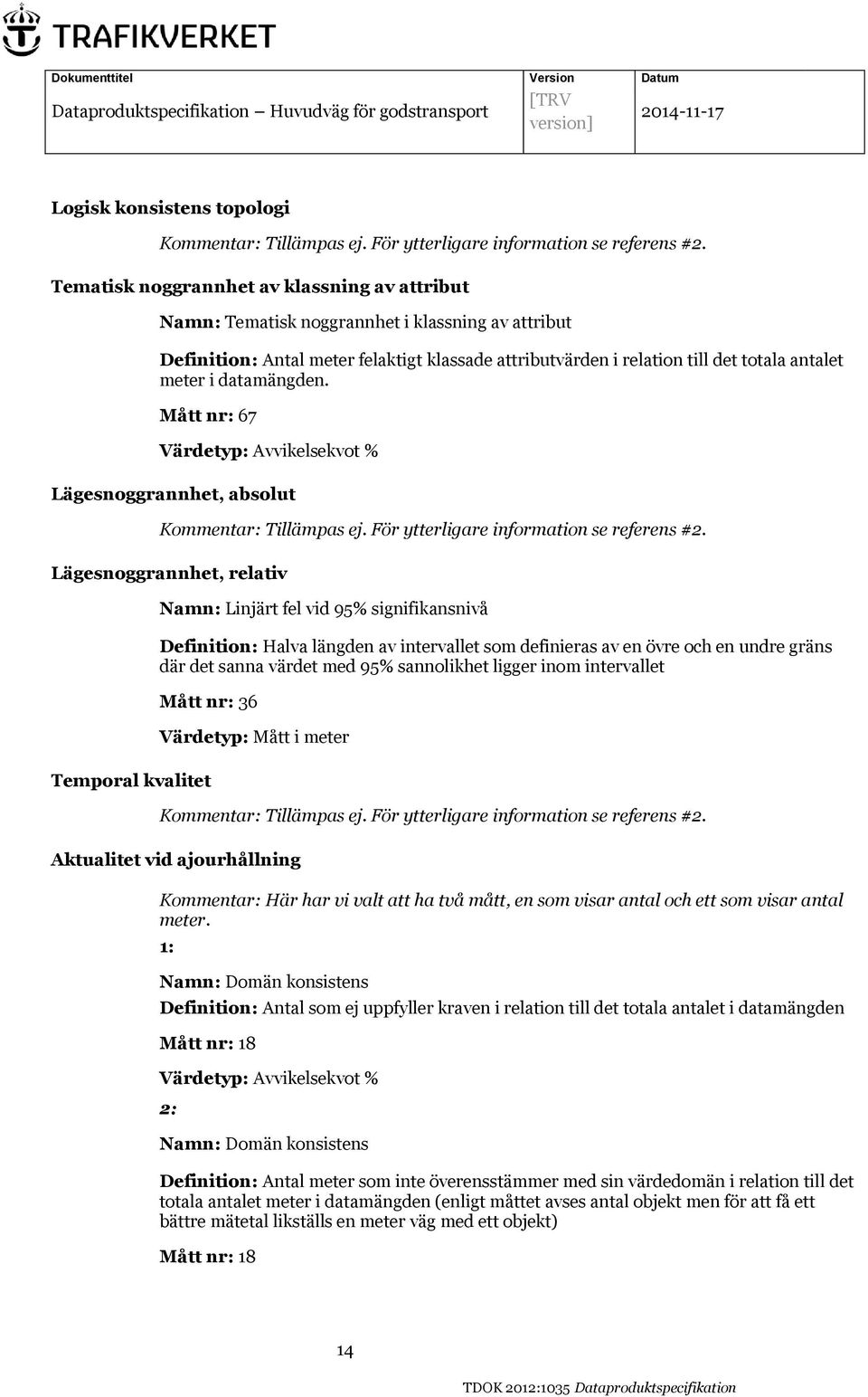 datamängden. Mått nr: 67 Lägesnoggrannhet, absolut Kommentar: Tillämpas ej. För ytterligare information se referens #2.