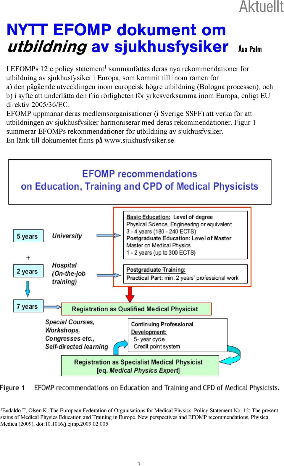 direktiv 2005/36/EC. EFOMP uppmanar deras medlemsorganisationer (i Sverige SSFF) att verka för att utbildningen av sjukhusfysiker harmoniserar med deras rekommendationer.