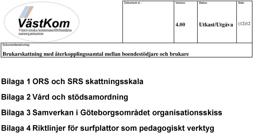 mellan boendestödjare och brukare Bilaga 1 ORS och SRS skattningsskala Bilaga 2 Vård