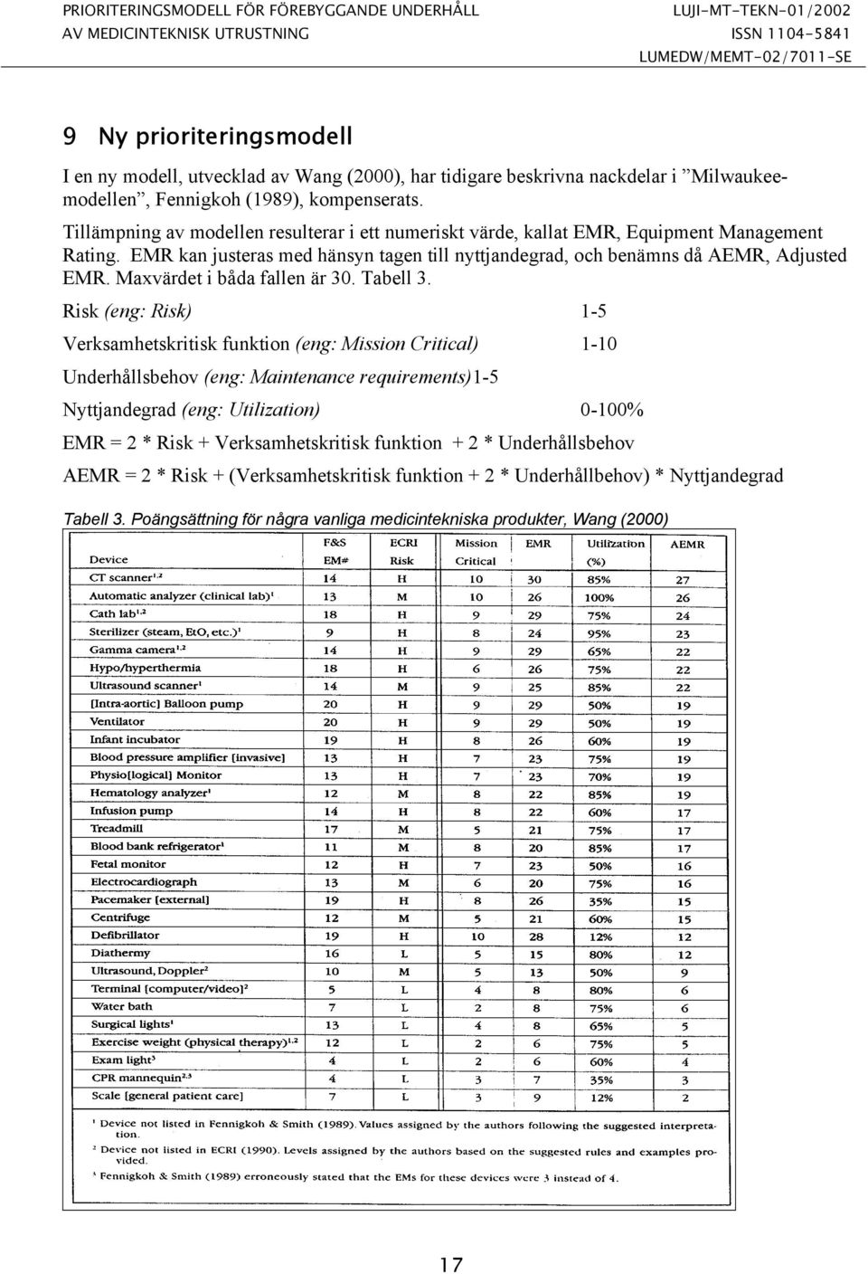 EMR kan justeras med hänsyn tagen till nyttjandegrad, och benämns då AEMR, Adjusted EMR. Maxvärdet i båda fallen är 30. Tabell 3.