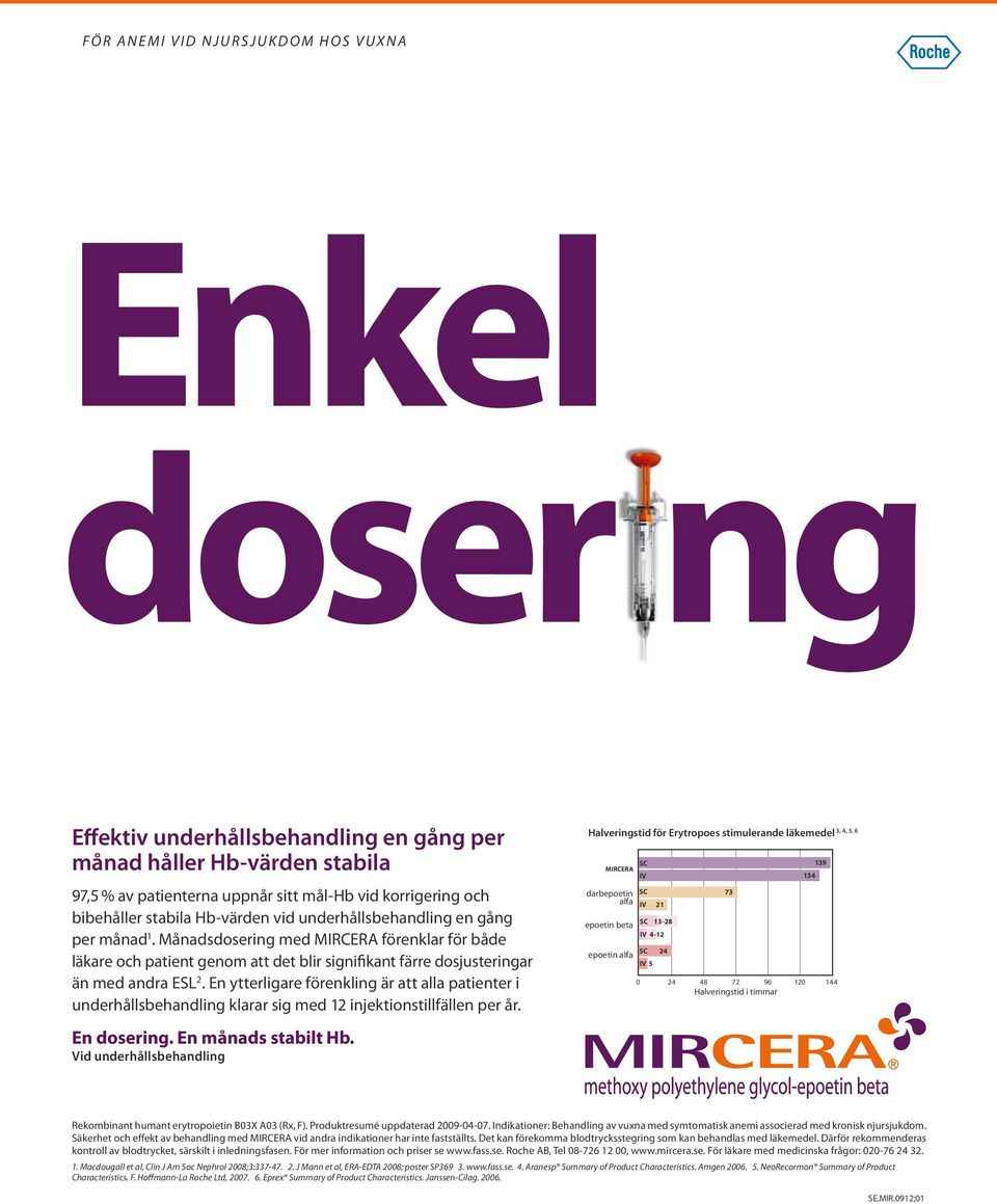 Månadsdosering med MIRCERA förenklar för både läkare och patient genom att det blir signifikant färre dosjusteringar än med andra ESL 2.
