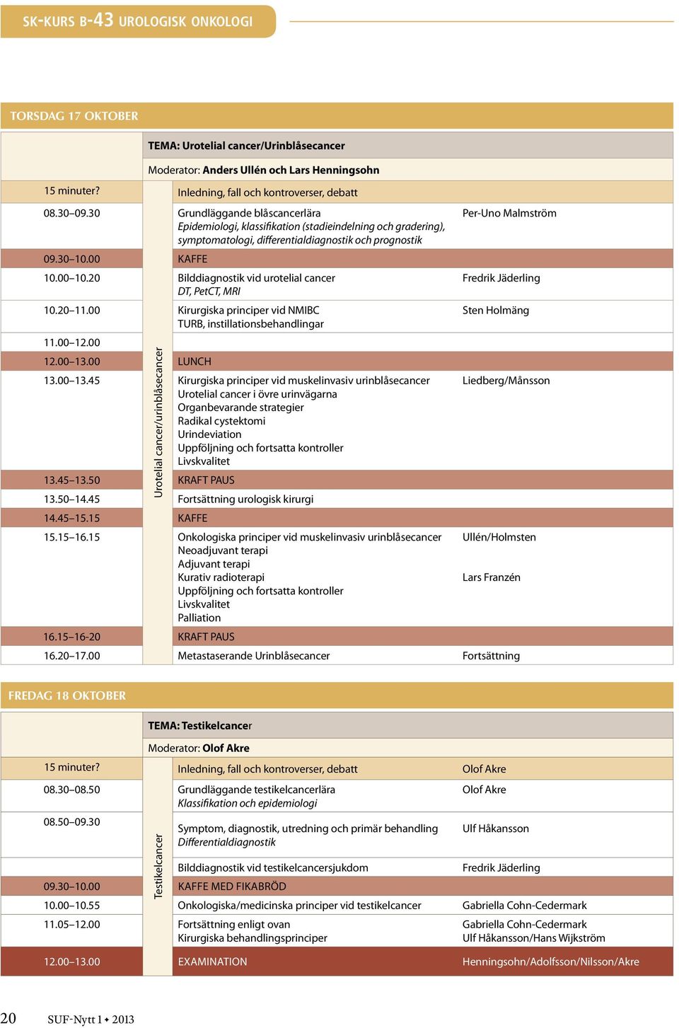 20 Bilddiagnostik vid urotelial cancer Fredrik Jäderling DT, PetCT, MRI 10.20 11.00 Kirurgiska principer vid NMIBC Sten Holmäng TURB, instillationsbehandlingar 11.00 12.00 12.00 13.