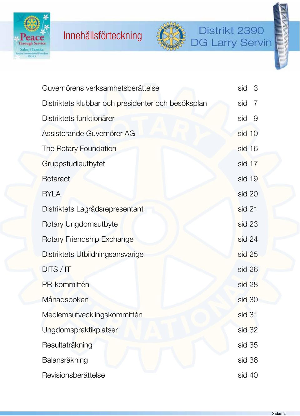 sid 21 Rotary Ungdomsutbyte sid 23 Rotary Friendship Exchange sid 24 Distriktets Utbildningsansvarige sid 25 DITS / IT sid 26 PR-kommittén sid 28