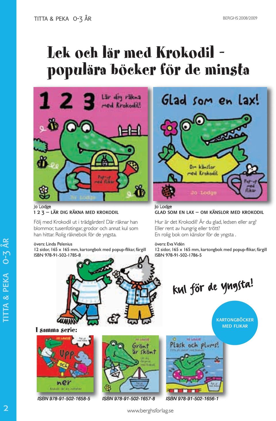 övers: Linda Pelenius 12 sidor, 165 x 165 mm, kartongbok med popup-flikar, färgill ISBN 978-91-502-1785-8 I samma serie: Jo Lodge glad som en lax om känslor med krokodil Hur är det Krokodil?