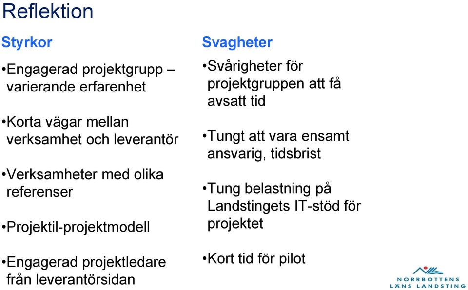 från leverantörsidan Svagheter Svårigheter för projektgruppen att få avsatt tid Tungt att vara