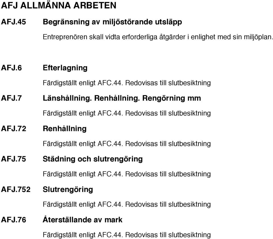 44. Redovisas till slutbesiktning AFJ.75 Städning och slutrengöring Färdigställt enligt AFC.44. Redovisas till slutbesiktning AFJ.752 Slutrengöring Färdigställt enligt AFC.