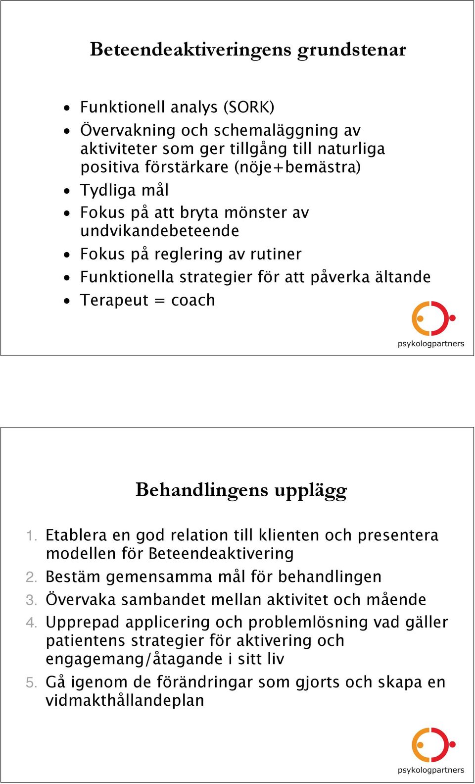 Etablera en god relation till klienten och presentera modellen för Beteendeaktivering 2. Bestäm gemensamma mål för behandlingen 3. Övervaka sambandet mellan aktivitet och mående 4.