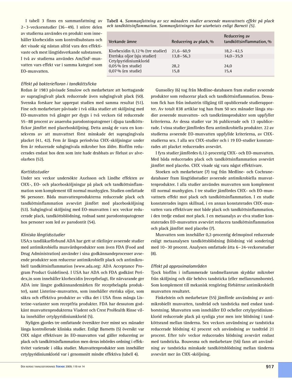 I två av studierna användes Am/SnF-munvatten vars effekt var i samma kategori som EO-munvatten. Tabell 4.