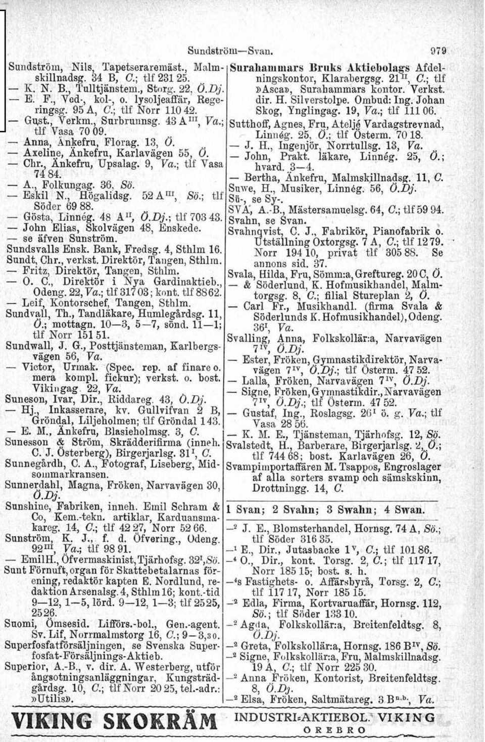 , Eögalidsg. 52 Al1', So.; tlf Söder 69 88. Gösta, Linnég. 48 AT: O.Dj.; tlf 70343. John Elias, Skolvägen 48, Jhskede se afven Sunström. Sundsvalls Ensk. Bank, Fiedsg. 4, Sthlm 16. Sundt, Chr.