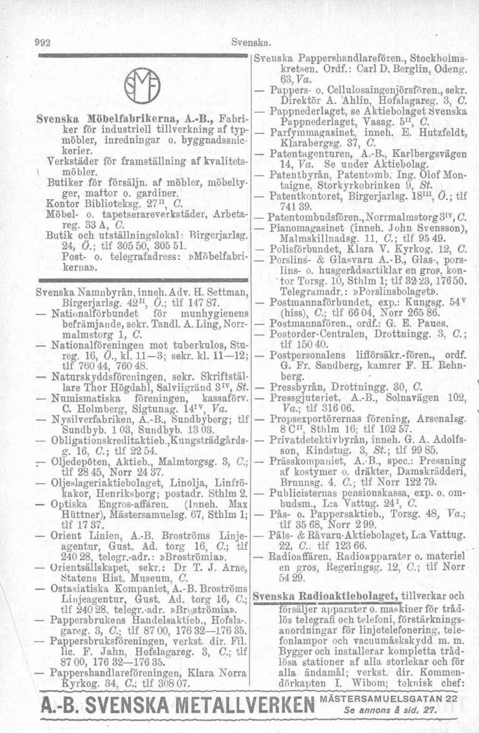 Svenska Namnbyrån, inneh. Adv. H. Settman, Birgerjarlsg. 4211, d.; tlf 147 87. Nationalforbundet för munhygienens beframjande, sekr. Tandl. A.Ling,Norrmalmstorg 1, C.