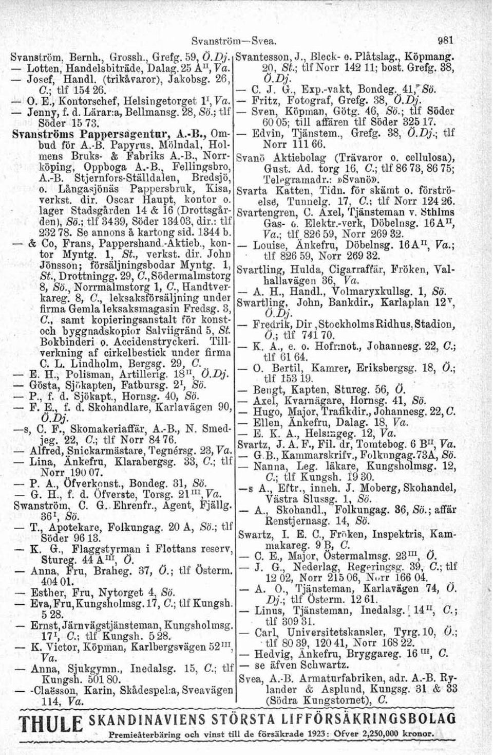 ; tlf Sven, Köpman, Götg. 46, So.; tlf Söder Söder 1573. 60 05; till aftären tlf Söder 325 17. Svanströms Pappersagentar, A..B., Om Edvin, Tjinstem., Grefg. 38, O.Dj.; tlf bud för A.B. Papyrus, &16lndal, Hol Norr 11166.