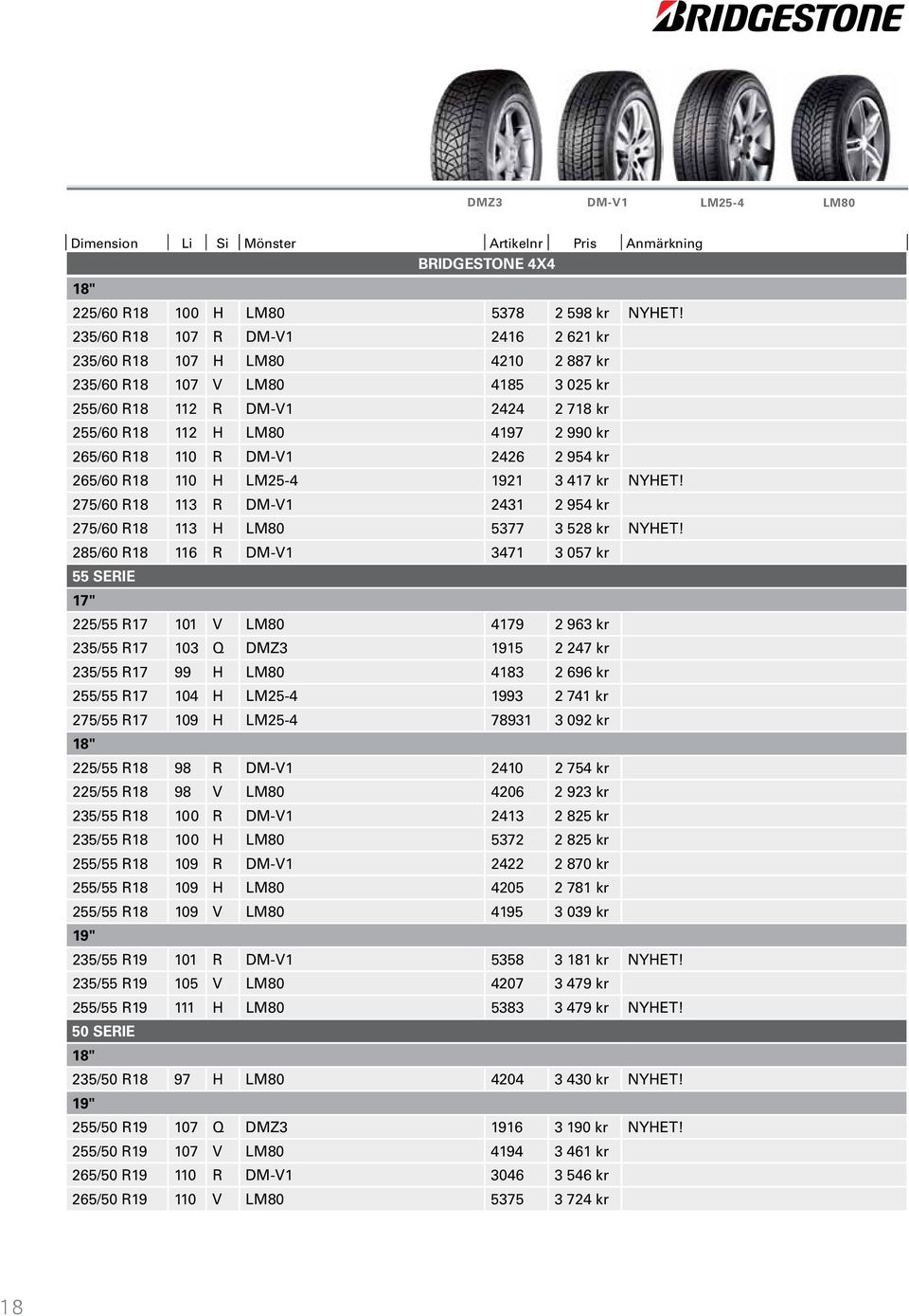 DM-V1 2426 2 954 kr 265/60 R18 110 H LM25-4 1921 3 417 kr NYHET! 275/60 R18 113 R DM-V1 2431 2 954 kr 275/60 R18 113 H LM80 5377 3 528 kr NYHET!
