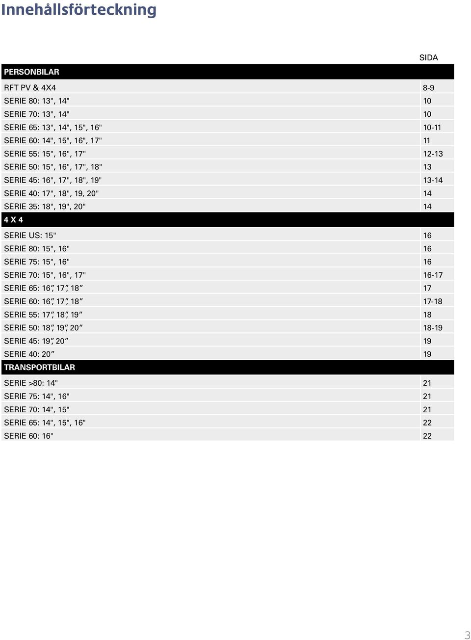 SERIE 80: 15", 16 SERIE 75: 15", 16 SERIE 70: 15",, 16-17 SERIE 65: 16, 17, 18 17 SERIE 60: 16, 17, 18 17-18 SERIE 55: 17, 18, 19 18 SERIE 50: 18, 19,