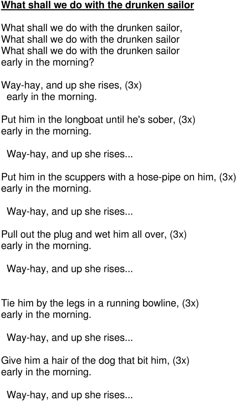 Way-hay, and up she rises... Pull out the plug and wet him all over, (3x) early in the morning. Way-hay, and up she rises.