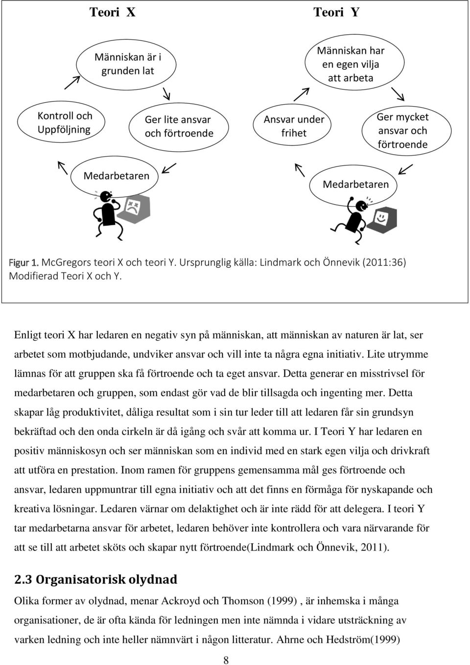 Enligt teori X har ledaren en negativ syn på människan, att människan av naturen är lat, ser arbetet som motbjudande, undviker ansvar och vill inte ta några egna initiativ.