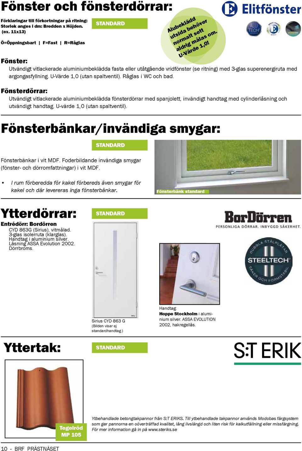 Fönster: Utvändigt vitlackerade aluminiumbeklädda fasta eller utåtgående vridfönster (se ritning) med 3-glas superenergiruta med argongasfyllning. U-Värde 1,0 (utan spaltventil). Råglas i WC och bad.