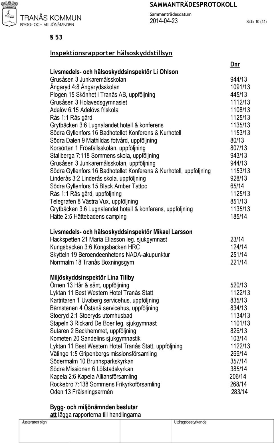 Gyllenfors 16 Badhotellet Konferens & Kurhotell 1153/13 Södra Dalen 9 Mathildas fotvård, uppföljning 80/13 Korsörten 1 Fröafallsskolan, uppföljning 807/13 Stallberga 7:118 Sommens skola, uppföljning