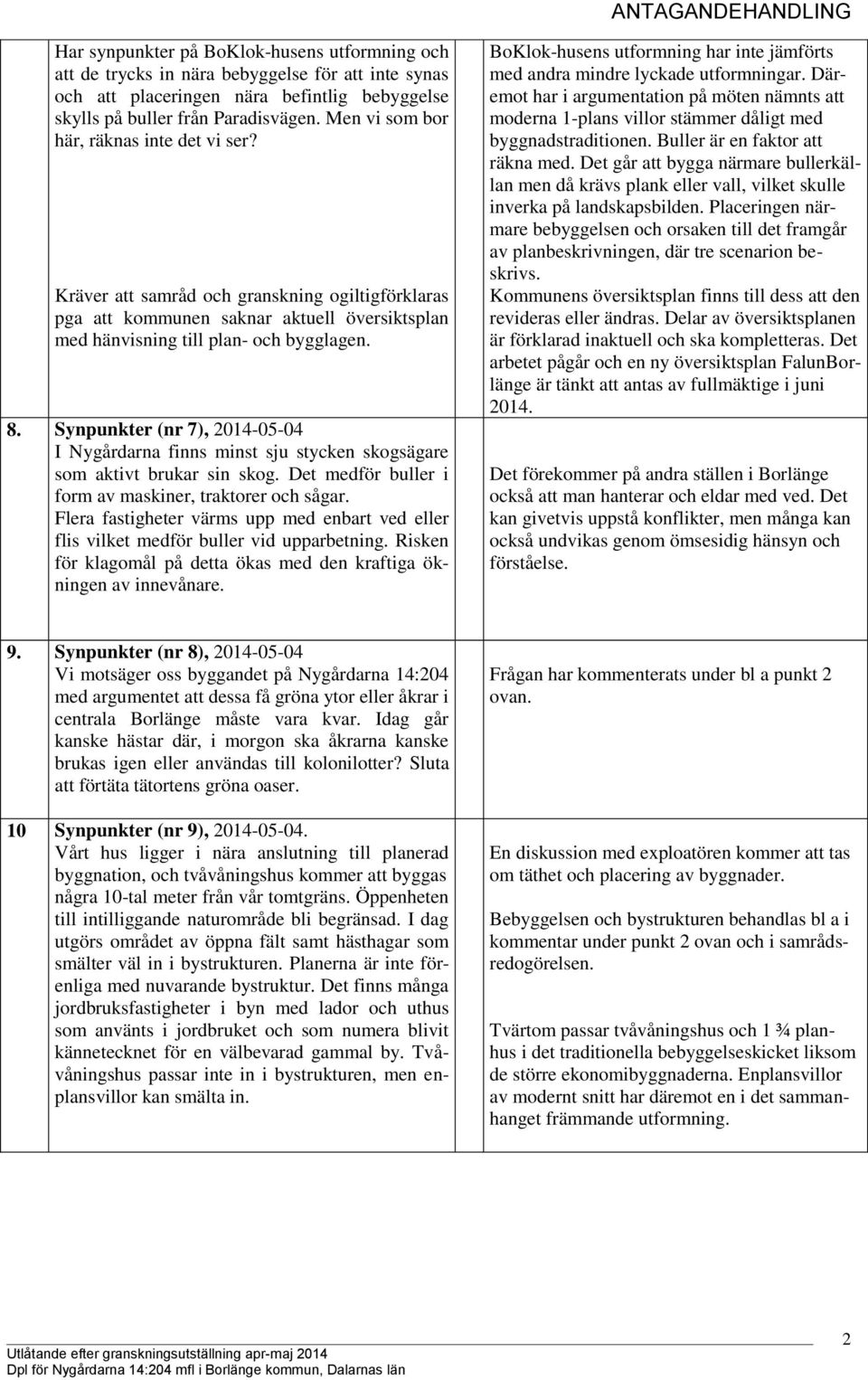 Synpunkter (nr 7), 2014-05-04 I Nygårdarna finns minst sju stycken skogsägare som aktivt brukar sin skog. Det medför buller i form av maskiner, traktorer och sågar.