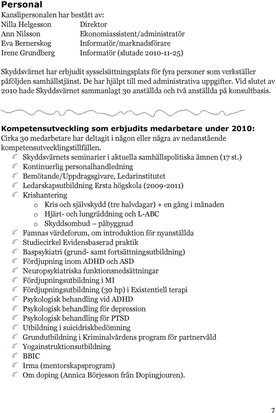 Vid slutet av 2010 hade Skyddsvärnet sammanlagt 30 anställda och två anställda på konsultbasis.