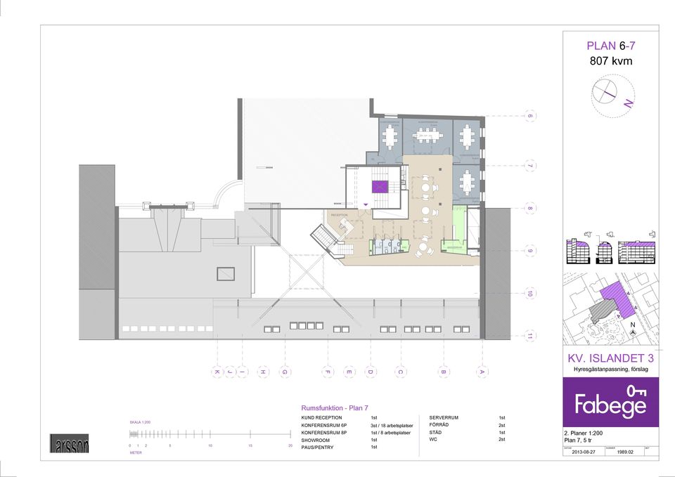 ISLDT 3 Rumsfunktion - Plan 7 SKL 1:200 KUD RCPTIO KOFRSRUM 6P 3st / 18 arbetsplatser SRVRRUM