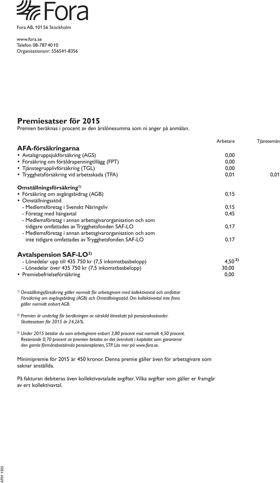 (TFA) 0,01 0,01 Omställningsförsäkring 1) Försäkring om avgångsbidrag (AGB) 0,15 Omställningsstöd - Medlemsföretag i Svenskt Näringsliv 0,15 - Företag med hängavtal 0,45 - Medlemsföretag i annan