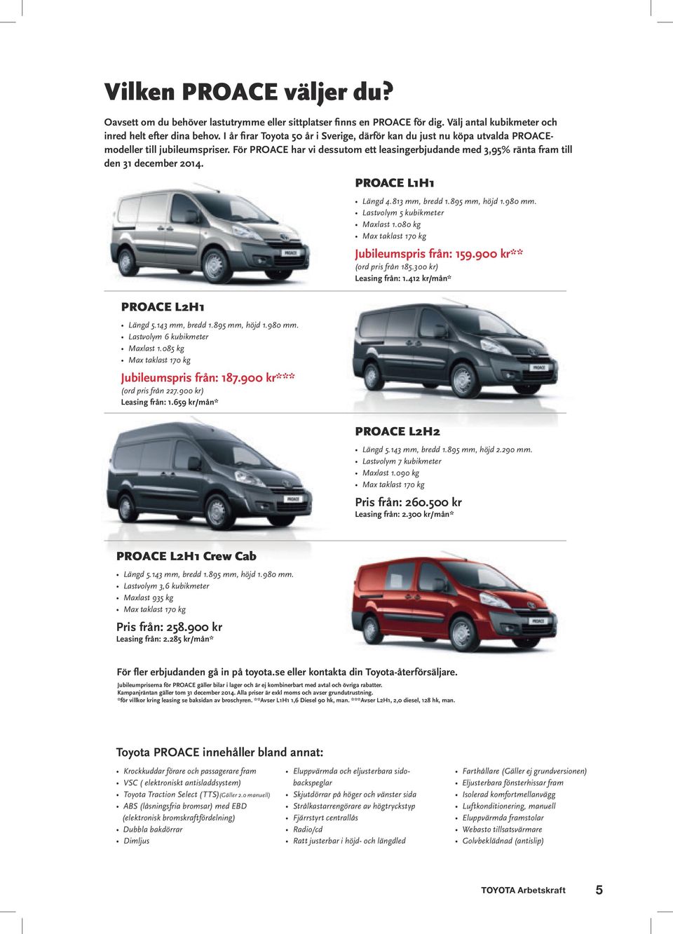 För PROACE har vi dessutom ett leasingerbjudande med 3,95% ränta fram till den 31 december 2014. PROACE L1H1 PROACE L2H1 Längd 5.143 mm, bredd 1.895 mm, höjd 1.980 mm.