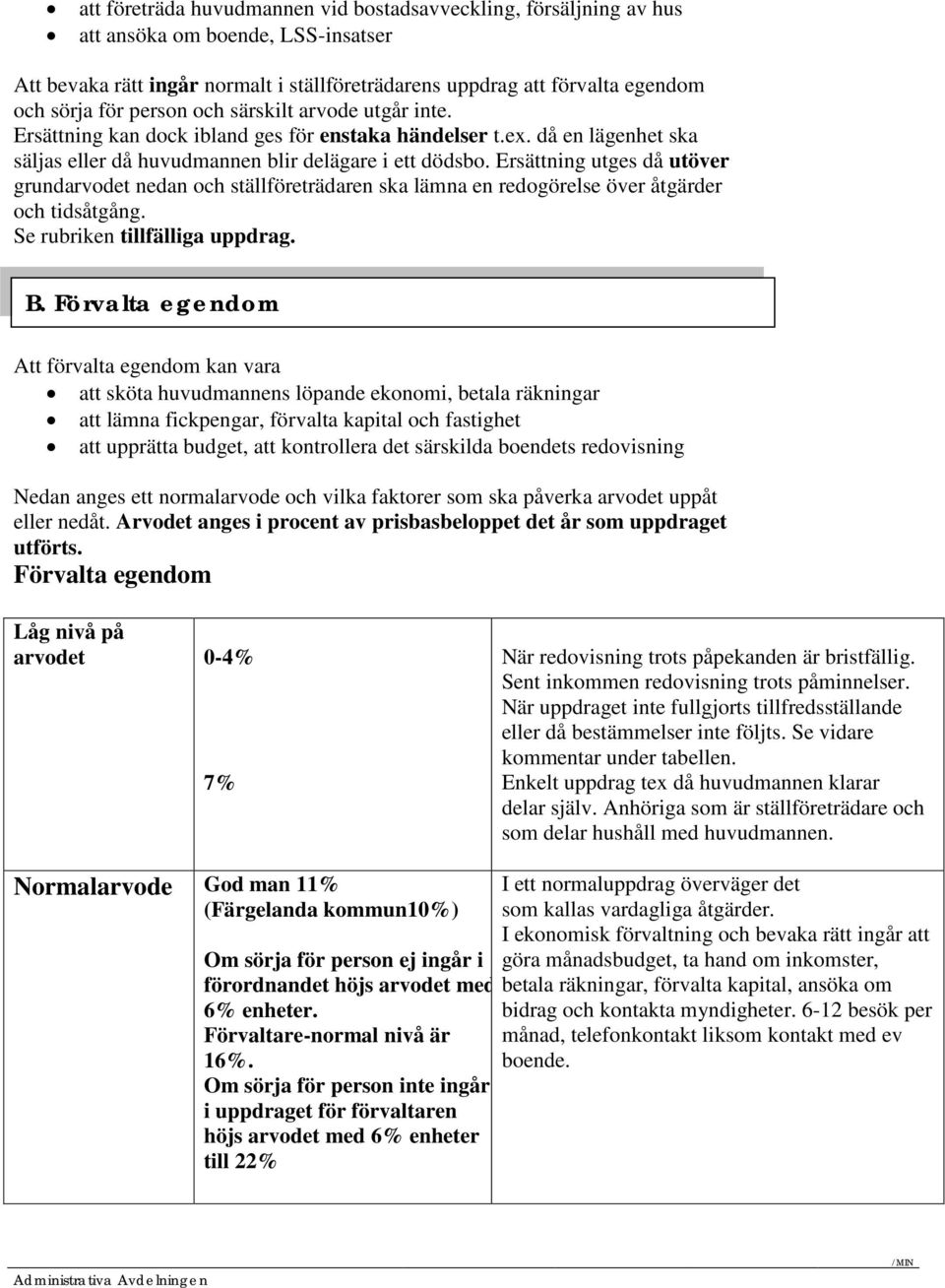 Ersättning utges då utöver grundarvodet nedan och ställföreträdaren ska lämna en redogörelse över åtgärder och tidsåtgång. Se rubriken tillfälliga uppdrag. B.