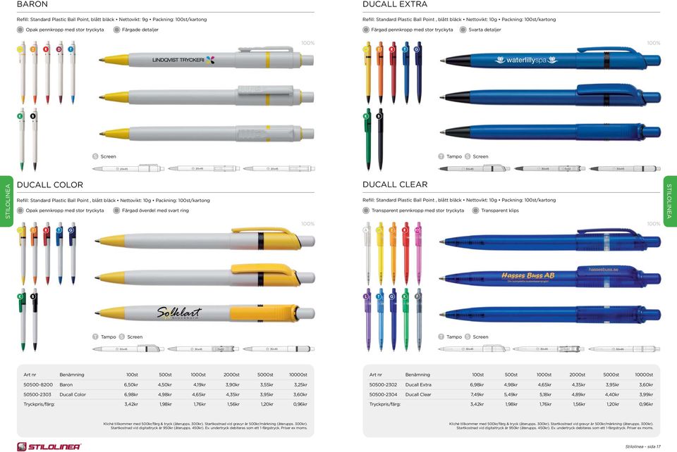 Packning: 100st/kartong DUCALL CLEAR Refill: Standard Plastic Ball Point, blått bläck Nettovikt: 10g Packning: 100st/kartong Opak pennkropp med stor tryckyta Färgad överdel med svart ring Transparent