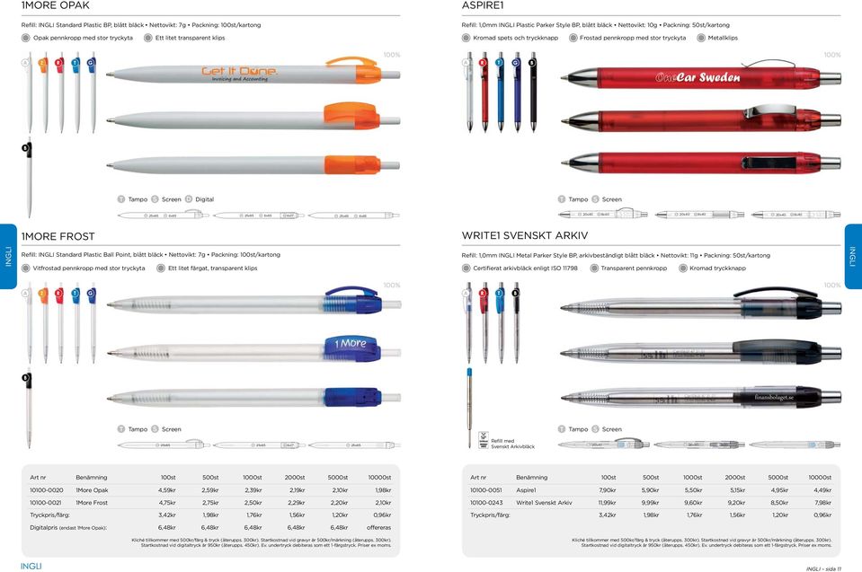 20x40 8x40 1MORE FROST Refill: INGLI Standard Plastic Ball Point, blått bläck Nettovikt: 7g Packning: 100st/kartong WRITE1 SVENSKT ARKIV Refill: 1,0mm INGLI Metal Parker Style BP, arkivbeständigt