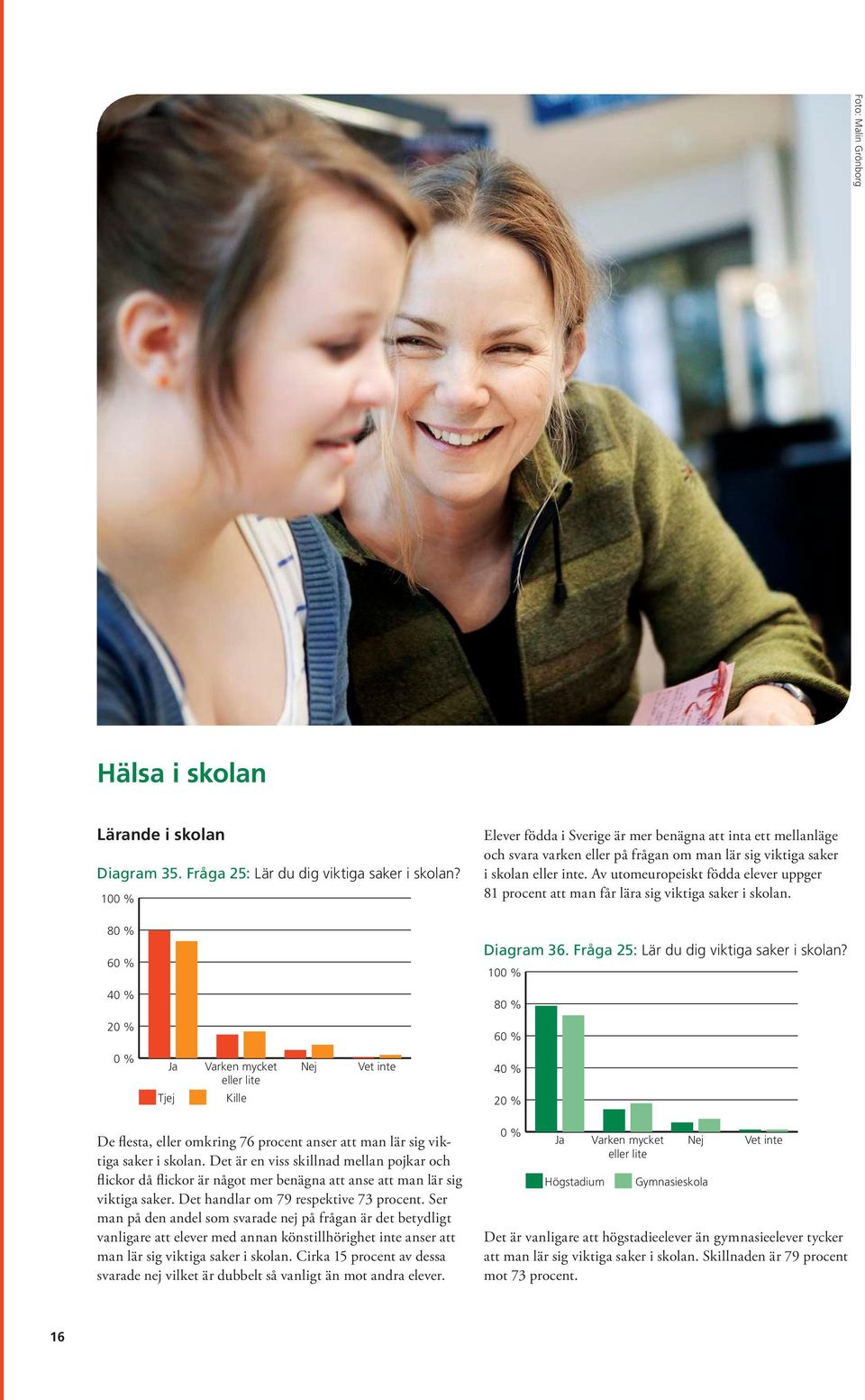 Av utomeuropeiskt födda elever uppger 81 procent att man får lära sig viktiga saker i skolan. 8 6 Diagram 36. Fråga 25: Lär du dig viktiga saker i skolan?