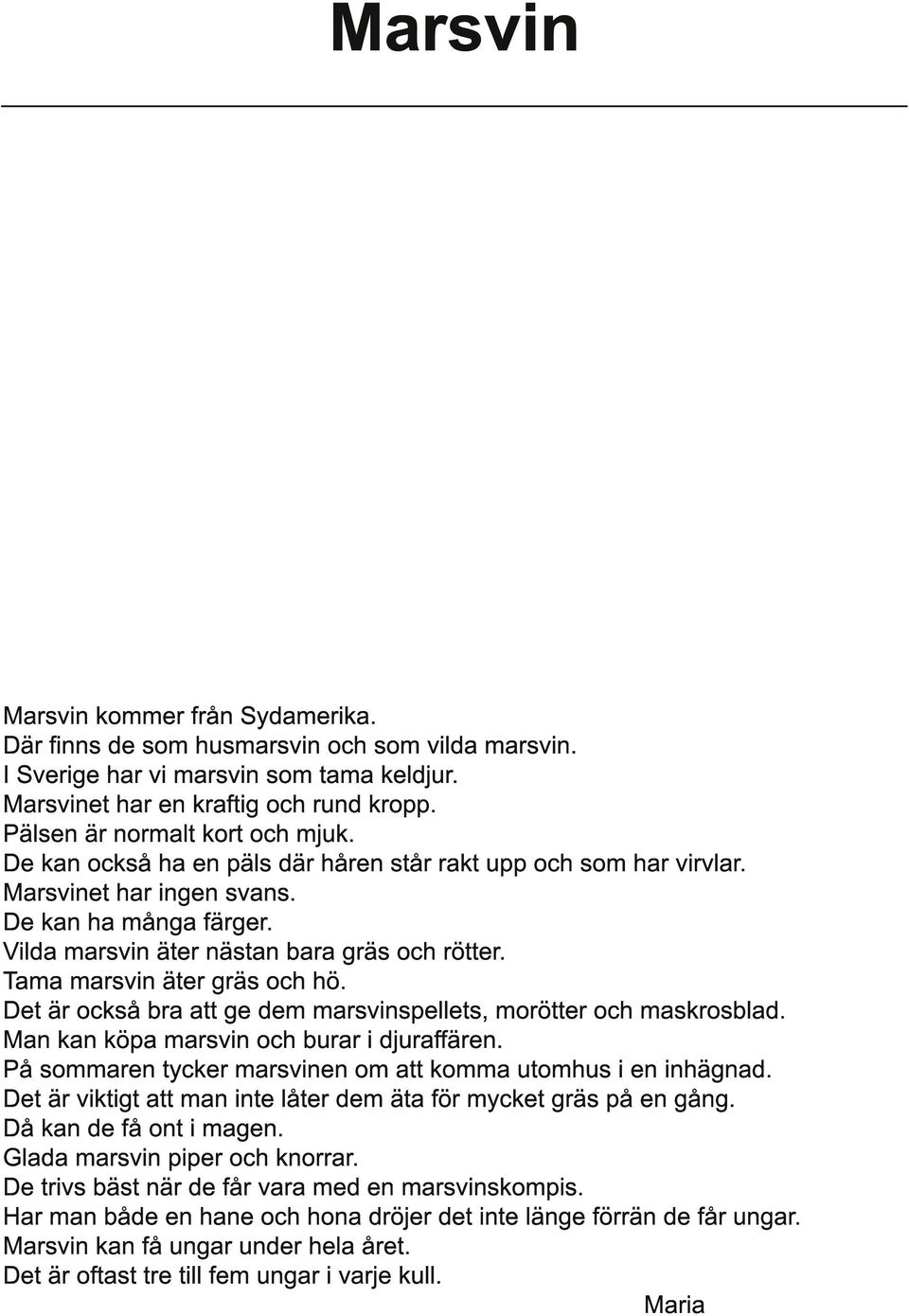 Tama marsvin äter gräs och hö. Det är också bra att ge dem marsvinspellets, morötter och maskrosblad. Man kan köpa marsvin och burar i djuraffären.