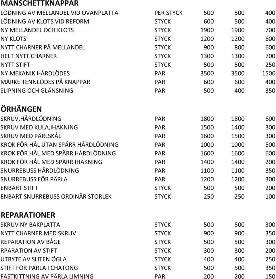 OCH GLÄNSNING PAR 500 400 350 ÖRHÄNGEN SKRUV,HÅRDLÖDNING PAR 1800 1800 600 SKRUV MED KULA,IHAKNING PAR 1500 1400 300 SKRUV MED PÄRLSKÅL PAR 1600 1500 300 KROK FÖR HÅL UTAN SPÄRR HÅRDLÖDNING PAR 1000