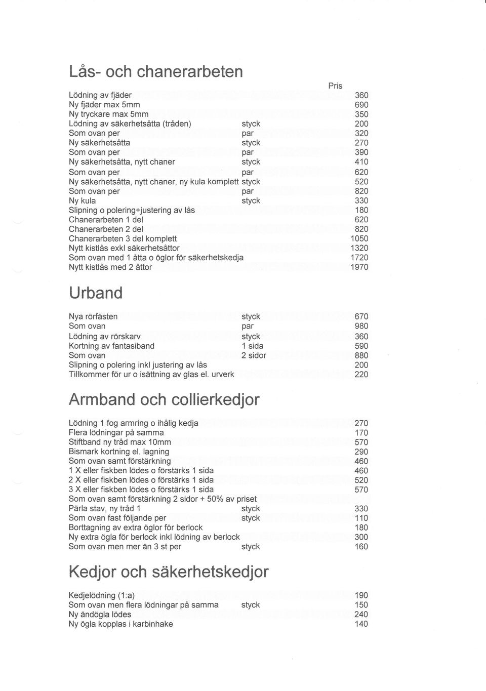 säkerhetskedja Nytt kistlås med 2 åttor Urband Pris 690 200 320 410 624 524 820 62A 820 1050 1320 1720 1970 Nya rörfästen Som ovan Lödning av rörskarv Kortning av fantasiband Som ovan Slipning o