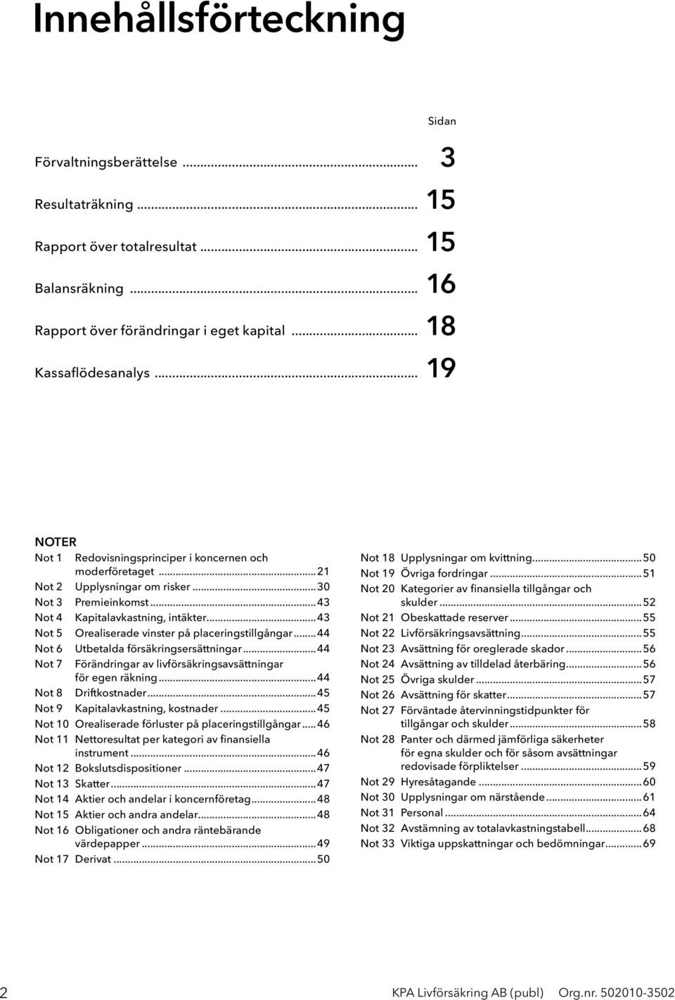 ..43 Not 5 Orealiserade vinster på placeringstillgångar...44 Not 6 Utbetalda försäkringsersättningar...44 Not 7 Förändringar av livförsäkringsavsättningar för egen räkning...44 Not 8 Driftkostnader.